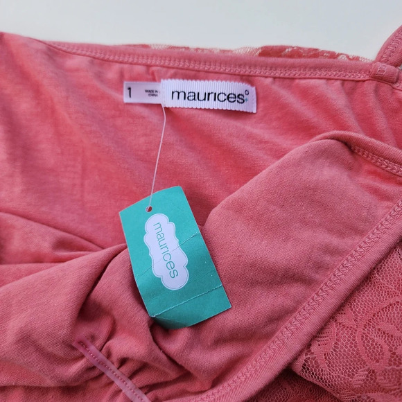 NWT Maurices Womens Cami Tank Top Coral Pink Lined Lace Stretch Boho Plus 1 1X - Picture 6 of 11